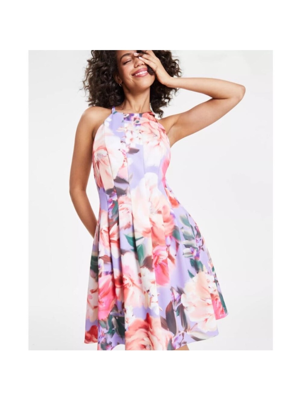Vince Camuto Lavender Floral Halter Sundress with Pink & Peach Blooms scuba 10